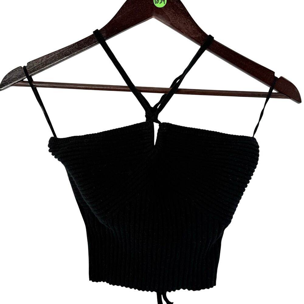 American Eagle Black Ribbed Knit Halter Top Cropped Strappy Size Medium